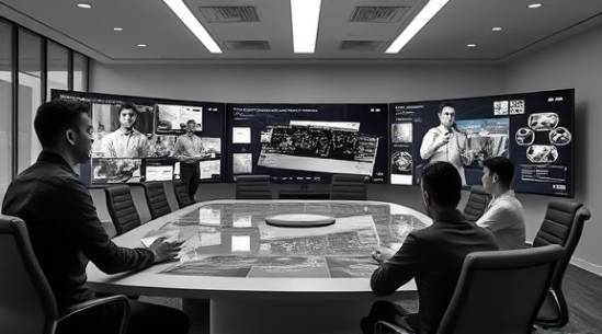 cutting-edge technology solutions, confident, demonstrating capabilities to clients, photorealistic, in a modern conference room with panoramic screens, highly detailed, interactive demos running, full HD, monochrome accents, soft natural light, shot with a 35mm lens.