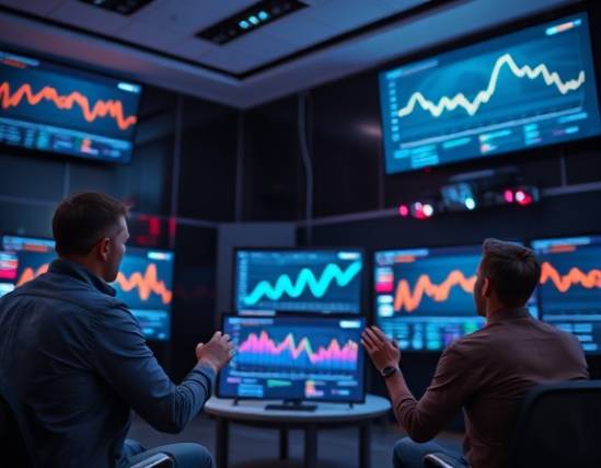 revolutionary technology solutions, enthusiastic, pitching concepts on smart displays, photorealistic, in a media room with wall-to-wall screens, highly detailed, holographic representation of statistics, standard HD, colorful spectrum, dim directional light, shot with a 24mm lens.