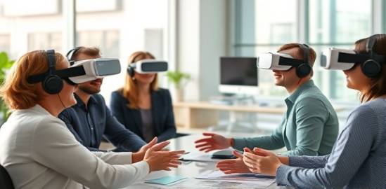 holistic technology strategy, strategic, coordinating team efforts, photorealistic, in a collaborative office with virtual reality headsets, highly detailed, transparent interfaces, 8K, pastel colors, natural sunlight, shot with a 35mm lens.